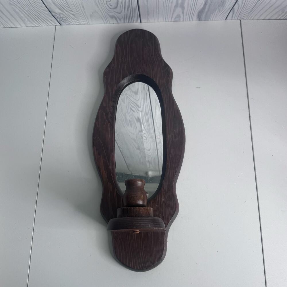 Vintage Deep Brown Wooden Wall Sconce with Mirror 16x7 Cottage